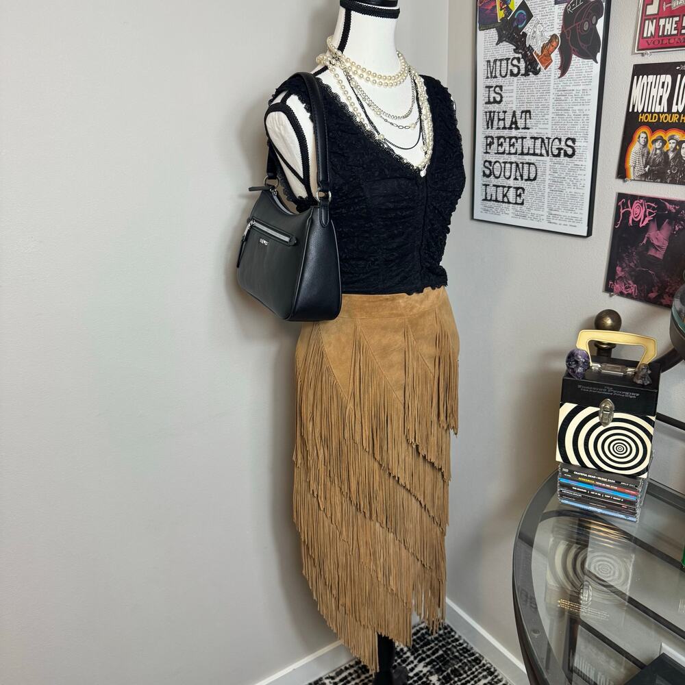 Brown Intermix Genuine Suede Asymmetrical Leather Fringe Skirt